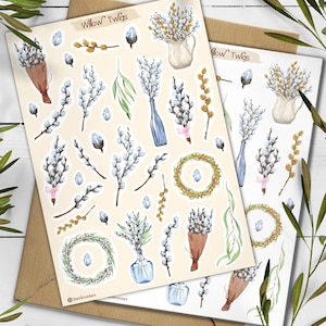 Weidenkätzchen Sticker. Weidenzweig. Ostern Sticker Pack. Frühlings-Aufkleber. Bullet Journal, weiße Blume Sticker Blatt. Blumen Sticker.