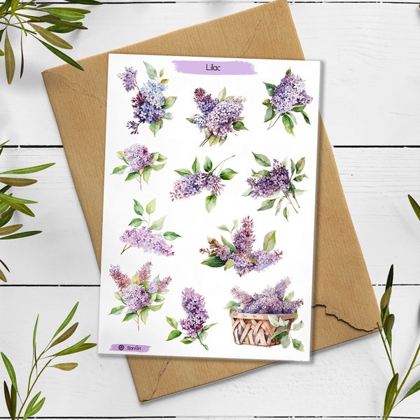 Lilac sticker sheet. Lilac Stickers. Lilac Flower Stickers. Summer Blossom Stickers. Bullet Journal. Violet Planner Sticker