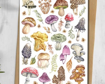 Feuille d'autocollants en forme de champignon. Recherche de nourriture en automne, autocollants de champignons des bois. Scrapbooking, Stickers pour agenda