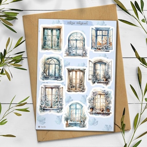 Winter Fenster Sticker. Weihnachtliche Fenster Sticker. Vintage Aufkleber. Bullet Journal, Blaue Blüte Stickerbogen.