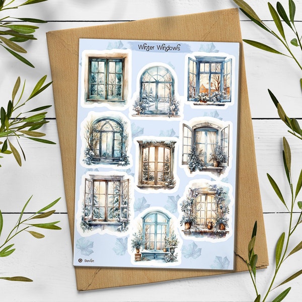 Winter Windows Sticker. Christmas Windows Sticker Pack. Vintage Stickers. Bullet Journal, Blue Blossom Sticker Sheet.