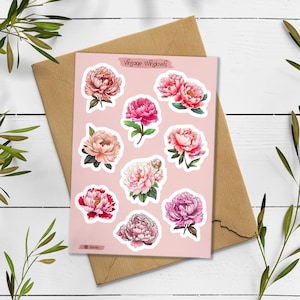 Pioenstickers. Pioenbloemstickers. Stickers zomerbloesem. Bullet Journal, stickers roze pioenroos. Roze plannersticker, boeket