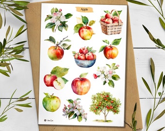 May include: A sticker sheet featuring watercolour illustrations of apples, apple blossoms, and an apple tree. The sheet includes individual red and green apples, a basket of apples, a bowl of apples, and a sliced apple, with the text Apple at the top.