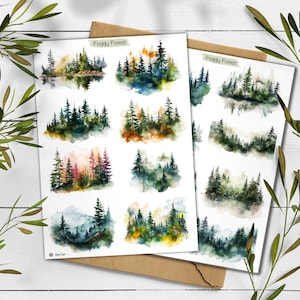 Adesivi Foresta Nebbiosa. Pacchetto Adesivi Bosco. Adesivi Paesaggio. Bullet Journal. Foglio Adesivi Pino. Adesivo Foresta Acquerello.
