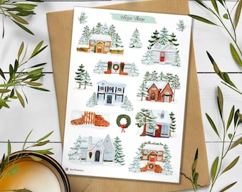 Winter Village Sticker Sheet: Christmas Houses, Pine Trees