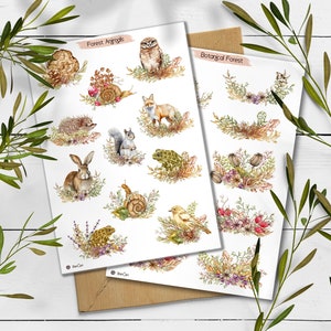 Waldtiere Sticker. Wald Aufkleber. Botanische Wald Aufkleber. Bullet Journal, Pine Tree Sticker Blatt. Wasserfarben Wald Sticker.