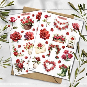 Rosen Aufkleber. Rote Rosen Sticker. Sommer-Sticker. Rote Blumen-Aufkleber. Journaling. Englische Rose Sticker. Garten Aufkleber