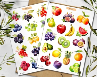 May include: Two white rectangular sticker sheets featuring watercolor illustrations of various produce. The left sheet is labeled Berries and displays cranberries, grapes, blueberries, blackberries, gooseberries, physalis, currants, and raspberries. The right sheet is labeled Fruits and shows a peach, figs, apricots, pear, apple, bananas, watermelon, grapes, kiwi, passion fruit, avocado, lemon, pineapple, orange, cherries, plum, and limes.