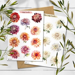 Feuille d'autocollants Dahlia. Sticker fleur dahlia blanc. Autocollants de l'agenda printanier. Stickers fleurs rouges. Bullet Journal. Sticker agenda de mars