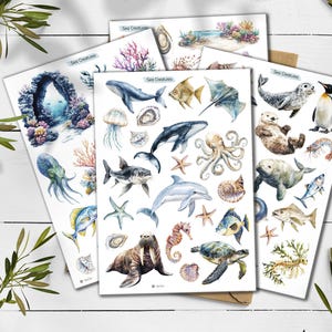 Stickers zeedieren. Stickers zeedieren. Sea Life, nautische stickers. Marine, octopus, walvis, dolfijn, haai. Onder de zee-stickers