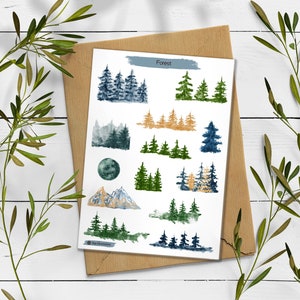 Wald Bäume Aufkleber. Wald Aufkleber. Winter-Aufkleber. Bullet Journal, Pine Tree Sticker Blatt. Wasserfarben Wald Sticker.