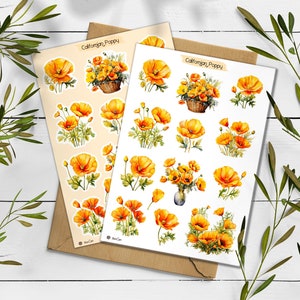Adesivos de papoula. Adesivo de flores de papoula. Pacote de adesivos de flores silvestres. Adesivos de verão. Adesivos de papoula californiana. Bullet Journal