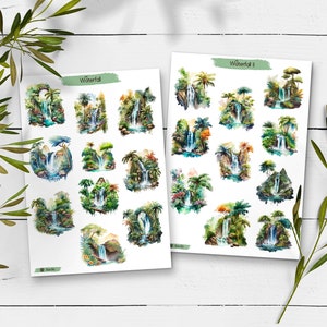 Adesivi cascata. Adesivi foresta. Pacchetto adesivi bosco. Adesivi paesaggio. Bullet Journal, Foglio adesivi pino. Adesivo foresta.