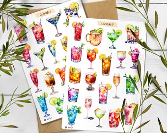 May include: Two sheets of stickers featuring colorful watercolor illustrations of cocktails. The stickers are labeled "Cocktails I" and "Cocktails II".