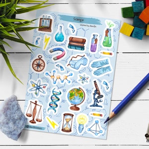 Adesivos de ciências. Pacote de adesivos de química. Adesivos de professores. Bullet Journal, folha de adesivos de livros. Adesivo de educação em aquarela.