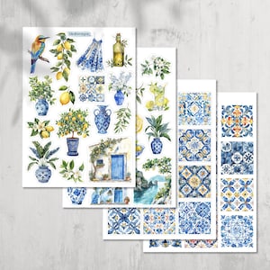 Pegatinas mediterráneas. Pegatinas de viaje. Pegatinas de vacaciones de verano en el Mediterráneo. Pegatinas de Europa. Alrededor del mundo. Scrapbooking de limones.