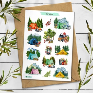 Adesivos de acampamento. Pacote de adesivos de floresta. Adesivos de paisagem. Diário de marcadores, Folha de adesivos de caminhada. Adesivo de férias.