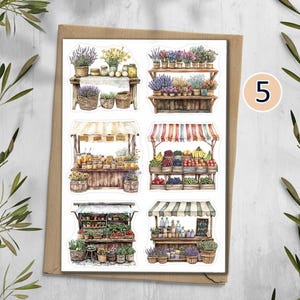 May include: A sticker sheet featuring six watercolor illustrations of market stalls. The designs include flower stands with potted plants, a fruit and vegetable stand with striped awnings, and various vendor booths displaying produce, jars, and baskets.