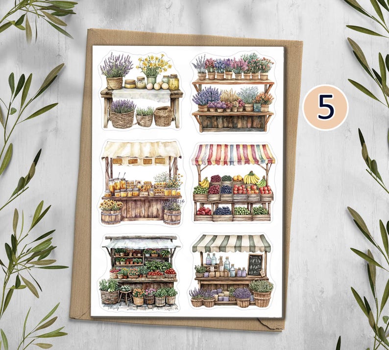 May include: A sticker sheet featuring six watercolor illustrations of market stalls. The designs include flower stands with potted plants, a fruit and vegetable stand with striped awnings, and various vendor booths displaying produce, jars, and baskets.