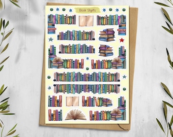 May include: A sticker sheet featuring various illustrations of bookshelves, individual books, and open books with colorful spines. The text "Book Shelfs" is printed at the top center. The sheet includes small star and circle accents in blue, green, and red.