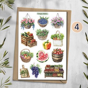 May include: A sticker sheet titled Farmers Market featuring watercolor illustrations of hanging flower baskets, baskets of blueberries, fresh vegetables in wooden crates, a tote bag of greens, a bell pepper, watermelon slices, apples, and grapes.