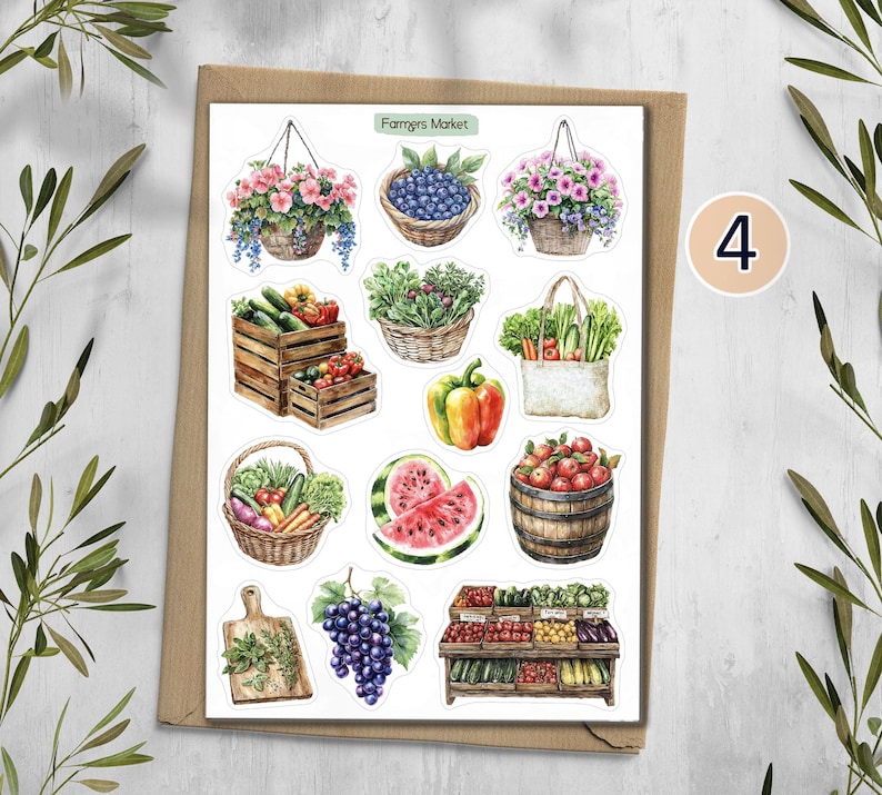 May include: A sticker sheet titled Farmers Market featuring watercolor illustrations of hanging flower baskets, baskets of blueberries, fresh vegetables in wooden crates, a tote bag of greens, a bell pepper, watermelon slices, apples, and grapes.