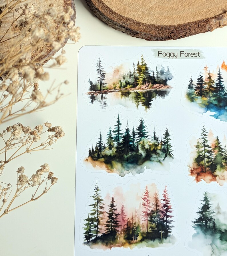 Foggy Forest Sticker Sheet: Watercolor Woodland Landscape Stickers image 8