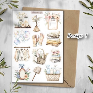 May include: A sticker sheet with watercolor illustrations of cleaning supplies and household items. The sheet includes images of a broom, gloves, spray bottles, towels, and a to-do list. The text "Housekeeping" and "Design 1" are visible.