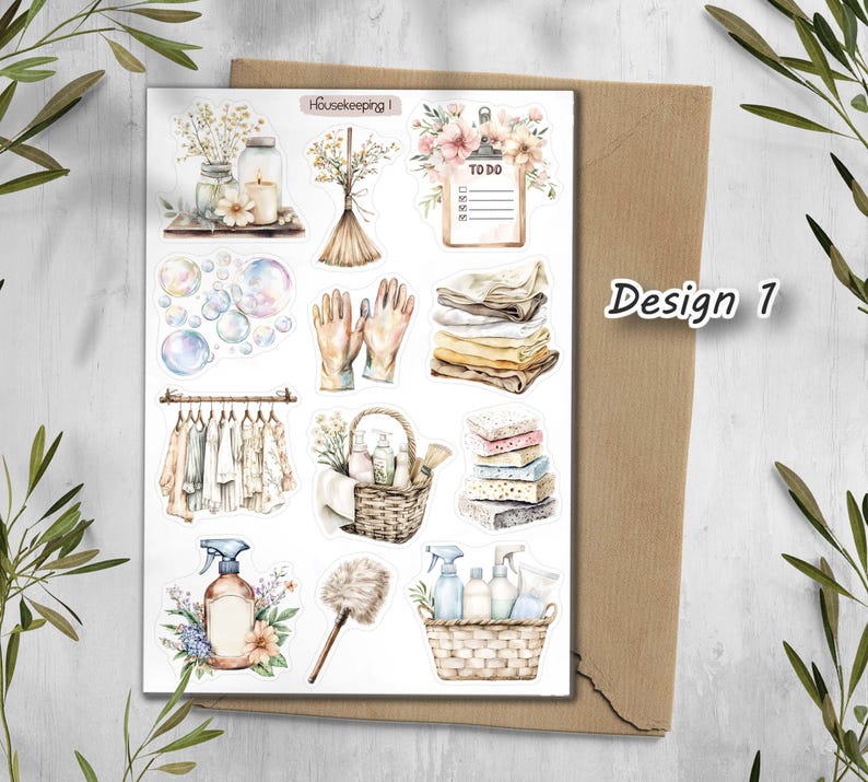 May include: A sticker sheet with watercolor illustrations of cleaning supplies and household items. The sheet includes images of a broom, gloves, spray bottles, towels, and a to-do list. The text "Housekeeping" and "Design 1" are visible.