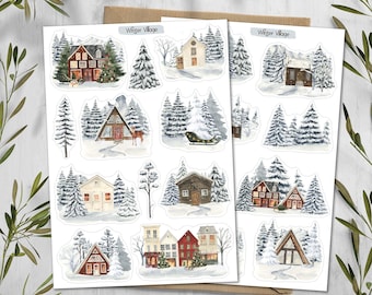 Winter Village Stickers. Snowy Town Stickers. Christmas Houses. Winter Pine Tree Forest