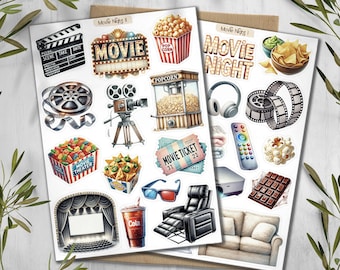 Movie Night Planner Stickers. Cinema Scrapbooking Stickers. Theatre Hobby Decals