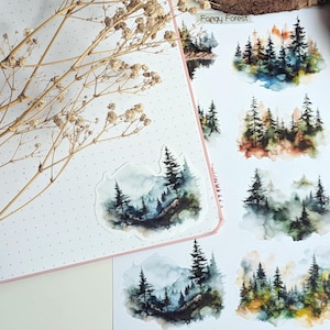 Foggy Forest Sticker Sheet: Watercolor Woodland Landscape Stickers image 6