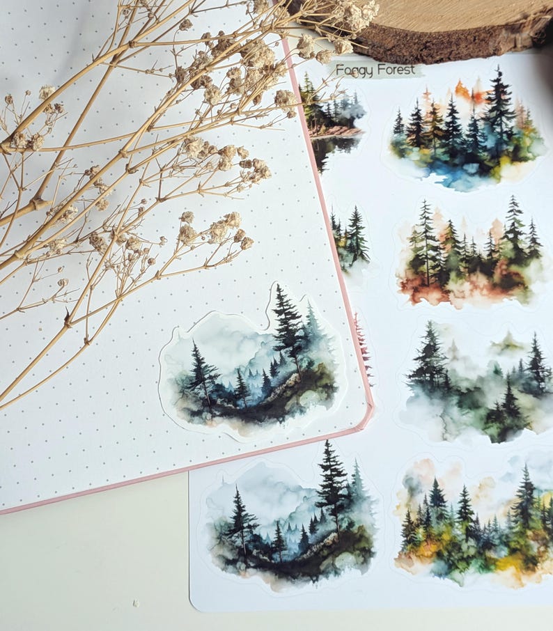 Foggy Forest Sticker Sheet: Watercolor Woodland Landscape Stickers image 6