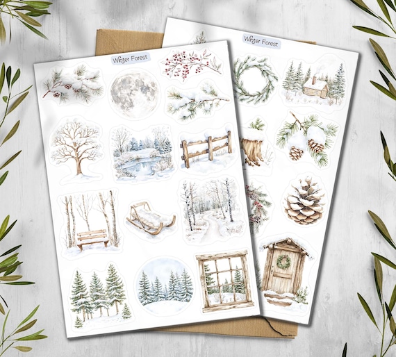 Winter Forest Stickers. Woodland Forest, Winter forest Planner Stickers. Winter Landscape Scrapbooking