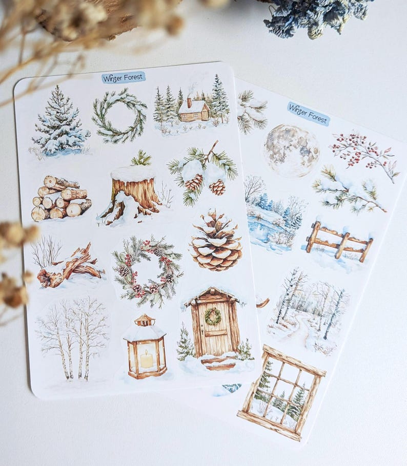 Winter Forest Stickers. Woodland Forest, Winter forest Planner Stickers. Winter Landscape Scrapbooking image 7