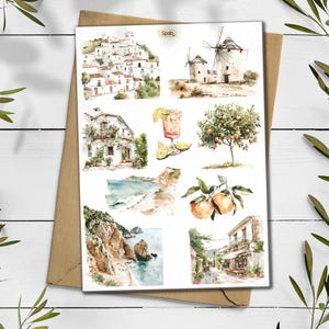 May include: A collection of watercolour illustrations depicting Spanish scenes. The images include a village, windmills, a beach, and orange trees. The word "Spain" is written at the top. The illustrations are on a white background.
