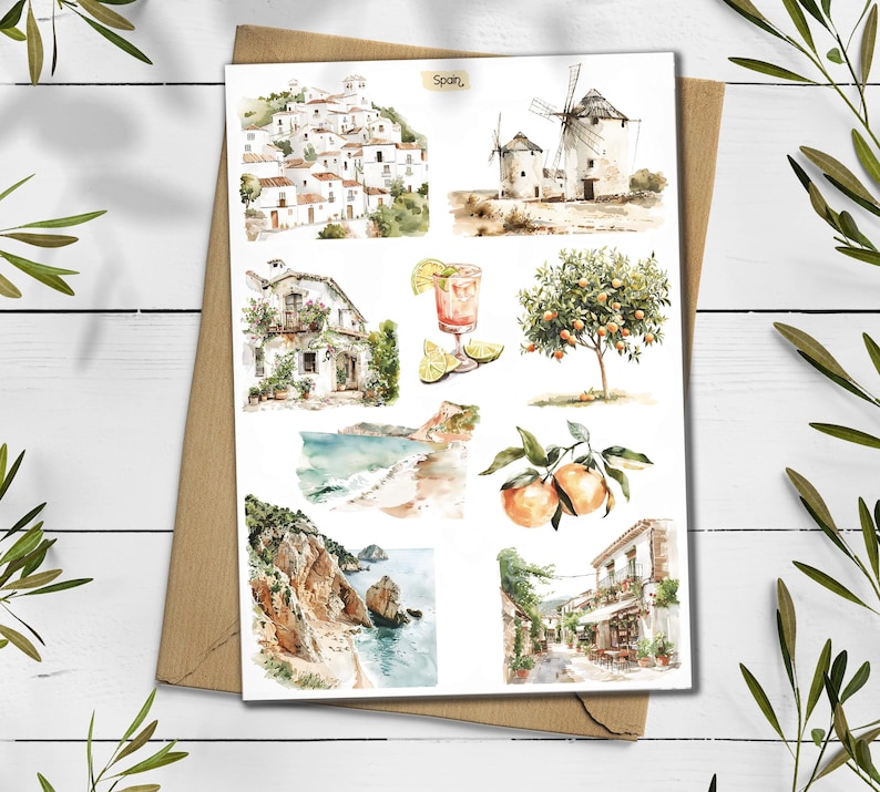 May include: A collection of watercolour illustrations depicting Spanish scenes. The images include a village, windmills, a beach, and orange trees. The word "Spain" is written at the top. The illustrations are on a white background.