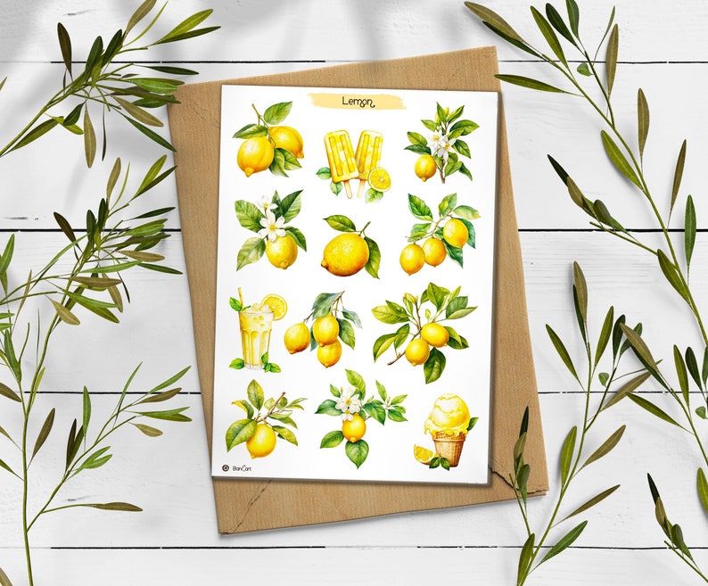 May include: A sheet of stickers featuring watercolor illustrations of lemons, lemon slices, lemon trees, and lemon-themed treats like ice pops and ice cream cones. The stickers are on a white background and have the word "Lemon" printed at the top.