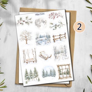 May include: A sheet of winter-themed stickers featuring watercolor illustrations of snowy landscapes, trees, and a full moon. The stickers include a bench, a sled, and a wooden fence. The text "Winter Forest" is visible on the top of the sheet.