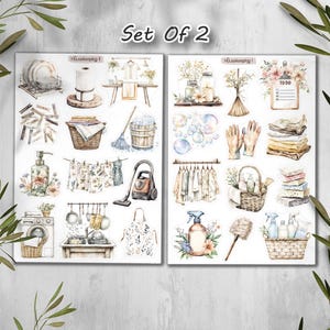 May include: Two sticker sheets with watercolor illustrations of housekeeping items. The sheets include images of dishes, laundry, cleaning supplies, and a washing machine. The text "Set Of 2" is at the top.