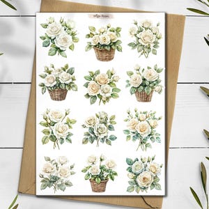 Stickers roses blanches. Fleurs blanches. Pack d'autocollants roses. Stickers bouquet d'été. Sticker botanique du mois de naissance. Roses pour scrapbooking