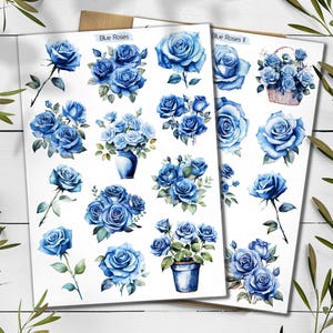 Stickers roses bleues. Fleurs bleues. Pack d'autocollants roses. Stickers bouquet d'été. Sticker botanique du mois de naissance. Roses pour scrapbooking