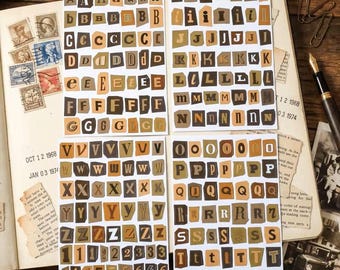 Alphabet Stickers. Vintage Alphabet Stickers. Scrapbook Stickers, Magazine Cutout Style Letters for Journal