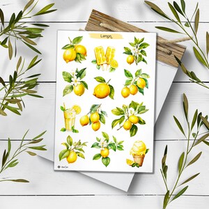 May include: A sheet of stickers featuring watercolor illustrations of lemons, lemon slices, lemon flowers, lemonade, lemon popsicles, and lemon ice cream. The stickers are on a white background and have the word "Lemon" written in yellow at the top.