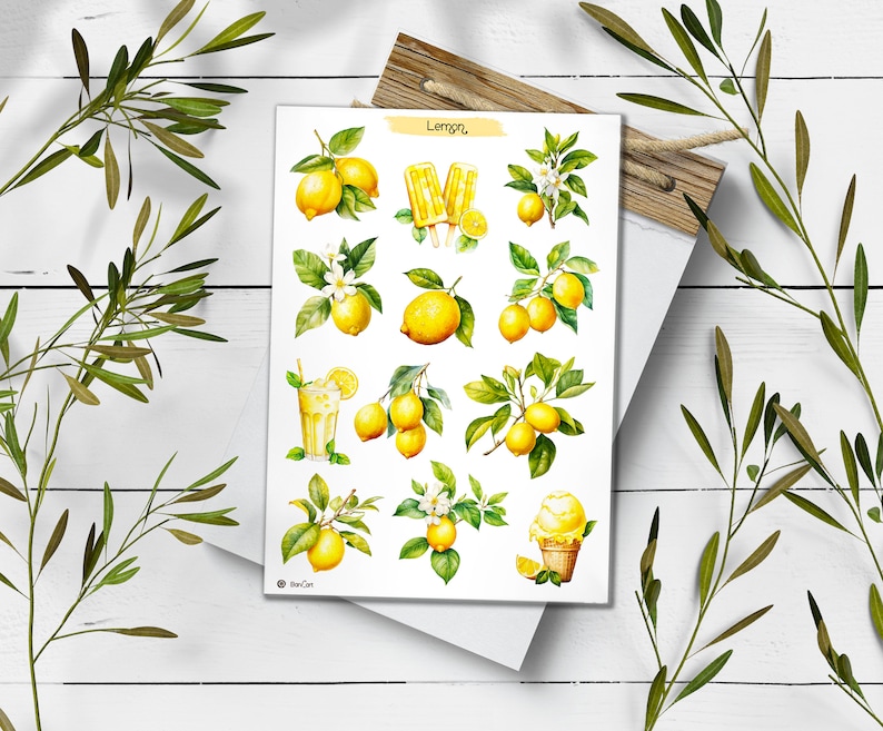 May include: A sheet of stickers featuring watercolor illustrations of lemons, lemon slices, lemon flowers, lemonade, lemon popsicles, and lemon ice cream. The stickers are on a white background and have the word "Lemon" written in yellow at the top.