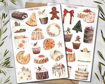 Puede incluir: Dos hojas de pegatinas con la etiqueta Winter Treats que presentan ilustraciones en acuarela de postres festivos, incluyendo galletas de jengibre, cupcakes, pasteles, frutas y pasteles. Las pegatinas están dispuestas sobre fondos de papel blanco.