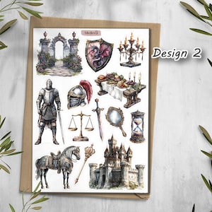 May include: A sheet of medieval-themed stickers featuring a knight in armour, a castle, a shield with a dragon, a horse, a sword, and other historical elements. The stickers are in watercolour style with the text "Medieval" and "Design 2".