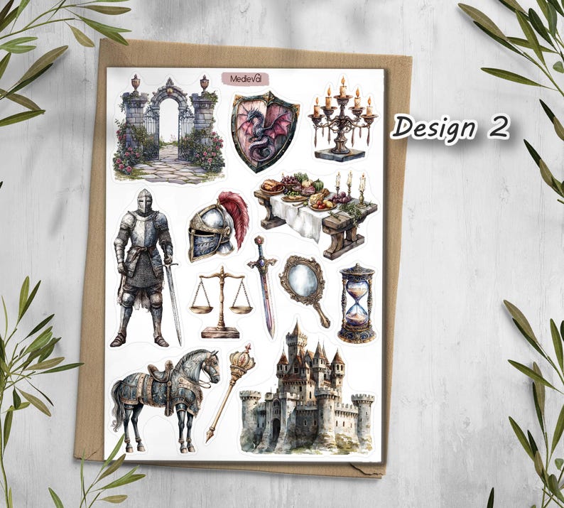 May include: A sheet of medieval-themed stickers featuring a knight in armour, a castle, a shield with a dragon, a horse, a sword, and other historical elements. The stickers are in watercolour style with the text "Medieval" and "Design 2".