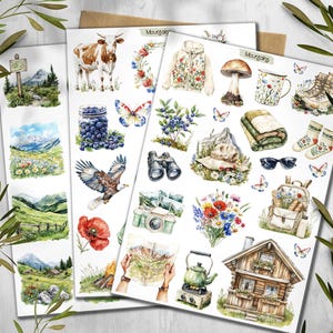 Bergenstickers. Zomerse wandelstickers. Cottagecore-stickers. Kampeerstickers. Junkjournal-stickers. Plakboek Alpenlandschap