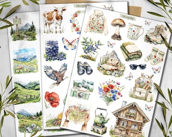 Mountains & Hiking Stickers: Cottagecore Scrapbook, Planner Stickers